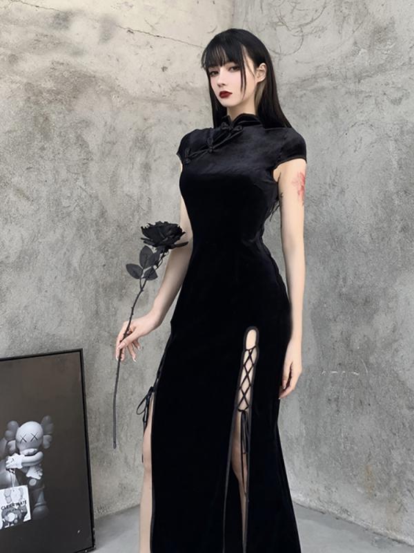 チャイナ風 ワンピース ゴス ダーク ロマンチック ゴシック ベルベット 美的 ドレス ヴィンテージ ハイスリット エレガント