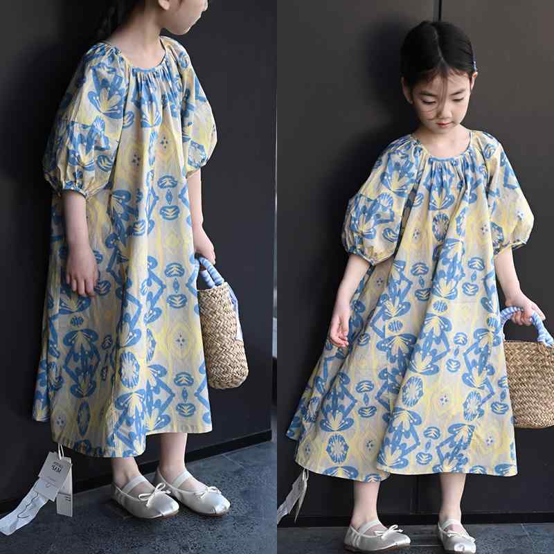 キッズ ベビー かわいい 韓国 子供服 女の子 パフスリーブドレス 夏 子供 牧歌的 スタイル 花柄 女の子 ロング ドレス フレアスカート