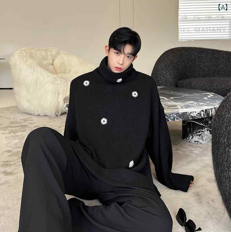 メンズ トップス 韓国 レトロ ストリート 長袖 ハイネック パール フラワー 装飾 セーター ニット タートルネック ワイドトップス