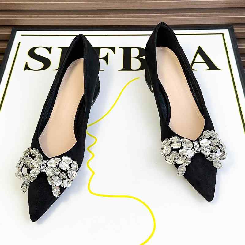 パンプス シープスキン フレンチ表現スタイル 尖った 伝達ルート石ころ シュロの葉 黒いこと 細工物 浅口 シューズ 踵 成人女性用