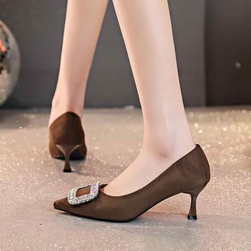 パンプス ハイヒール レディース 6糎踵 生産ライン石ころ 真四角バックル スエードクロス ポインテッドトゥ シューズ