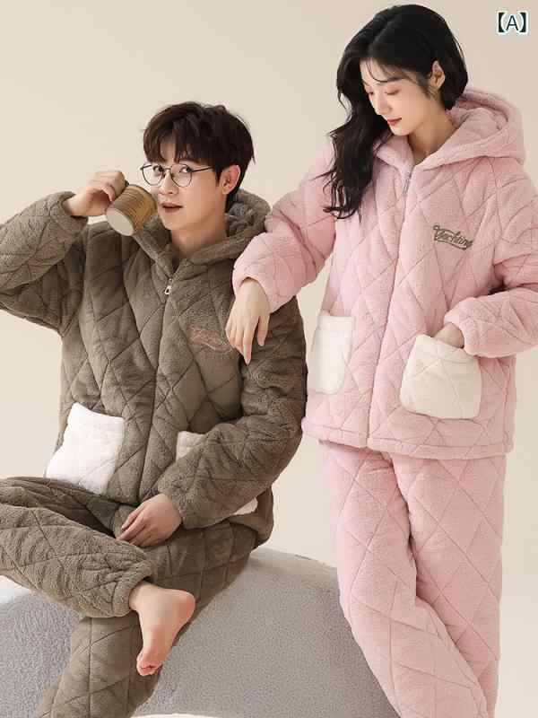 パジャマ レディース メンズ ペア フランネル サンゴフリース 3層中綿入り 超厚手 もこもこ 保温 暖かい フード付き ルームウェア 上下セット 冬