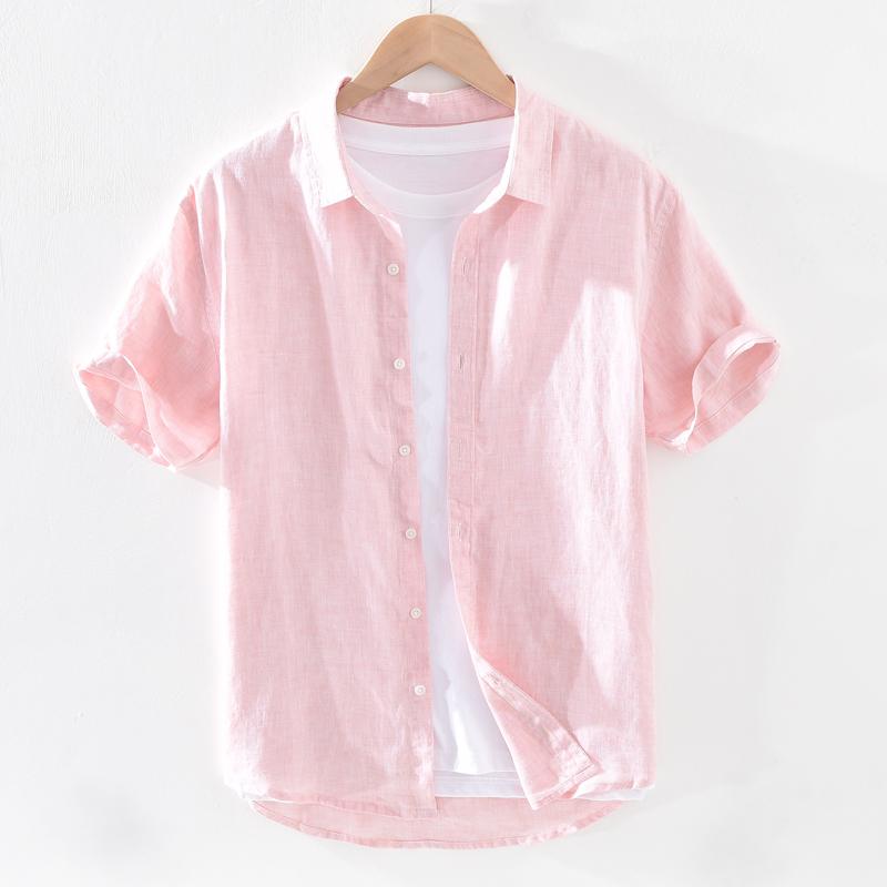 シャツ トップス メンズ 夏 半袖 コットンリネン ピンク 摩耗 さわやか 通気性 おしゃれ シンプル ビジネス スタイリッシュ リゾート バカンス ホリデー
