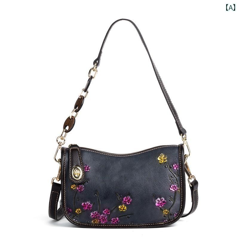 ショルダーバッグ 牛革 バッグ レディース レザー ジッパー 花 エスニック エンボス加工 ジッパー ポケット おしゃれ トートバッグ ファッションアイテム カジュアル