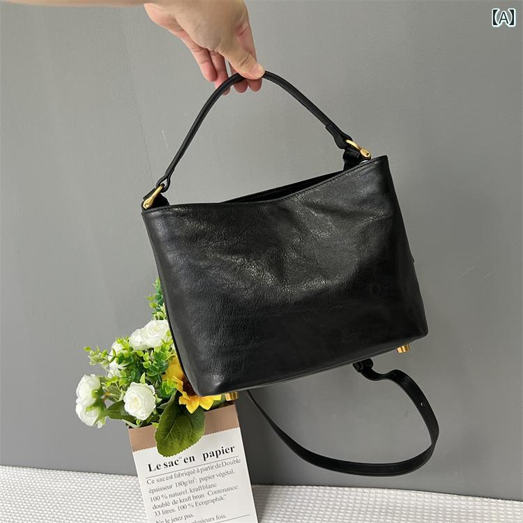 ハンドバッグ レザー 牛革 バケット バッグ ハイエンド 手持ち ショルダー クロスボディバッグ 女性用 コンパクト シンプル ナチュラル