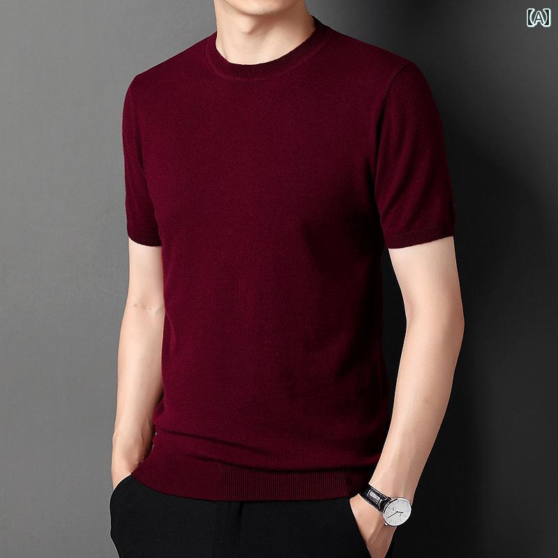 ラウンドネック ウール セーター 上品 半袖 Tシャツ メンズ 春秋 トップス ベーシック 無地 万能 カジュアル シンプル｜ラ・グラーヌ 7,892円
