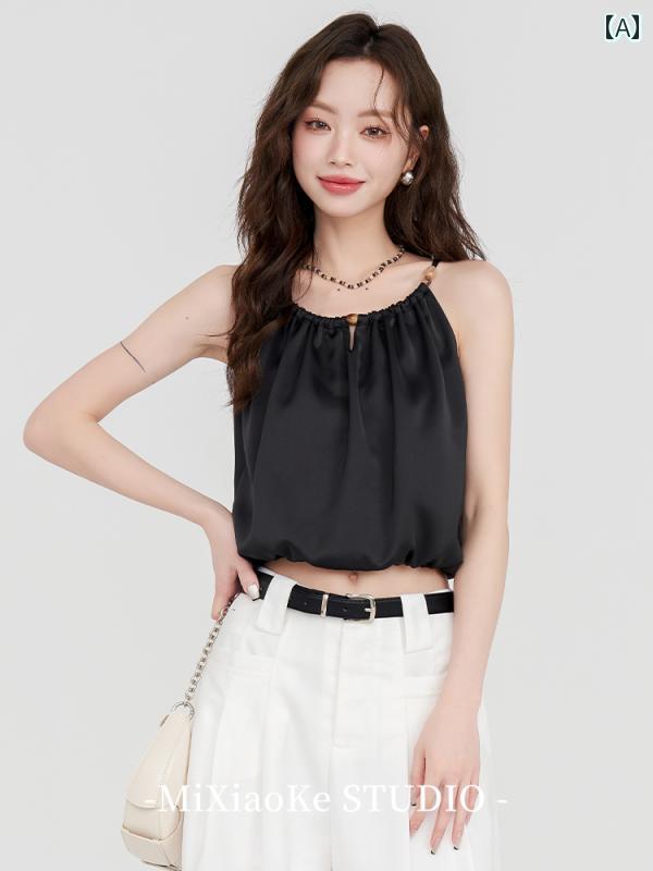 ブラック ショート キャミソールトップス レディース 夏 アウター 美しい ユニーク セクシー クールスタイル レイヤリング おしゃれ 大人かわいい
