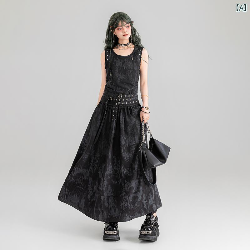 レディース 絞り染め ワンピース フレアスカート ロング ブラック ドレス 秋 スタッズ レース Uネック モダン シック おしゃれ かわいい 韓国 モテ服 スタイルアップ 式典 パーティー イベント 日常使い