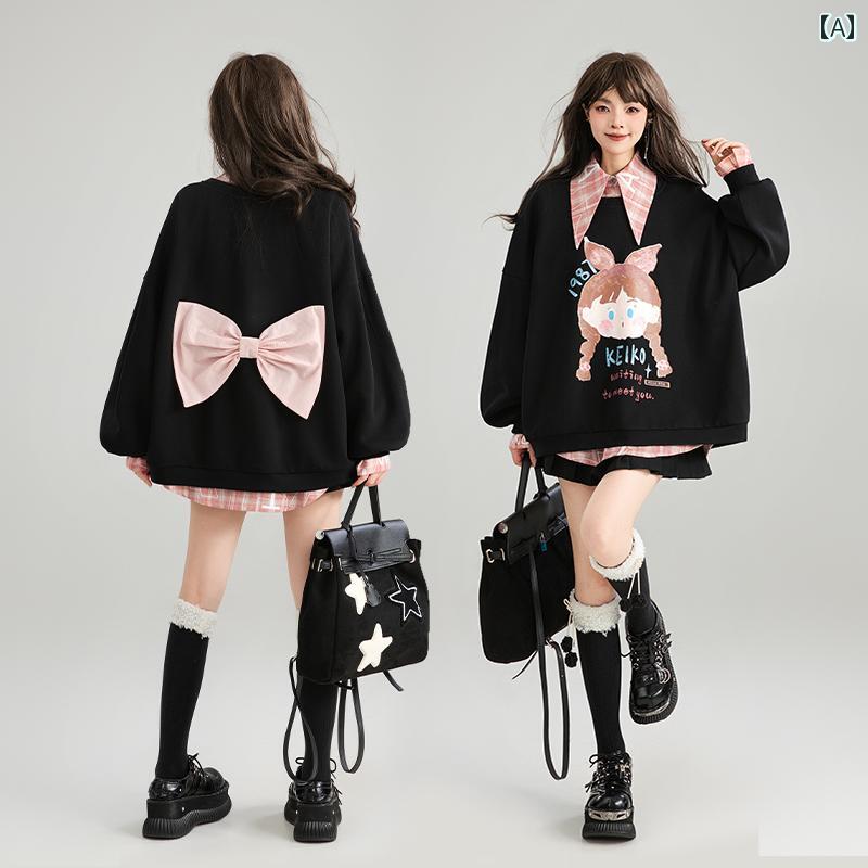 レディース 長袖スウェット トップス プリント バックリボン 襟 女性 秋 ブラック プルオーバー ゆったり 楽ちん リラックス 韓国 かわいい ファッション モテ服 お出かけ レジャー デート 日常使い 万能