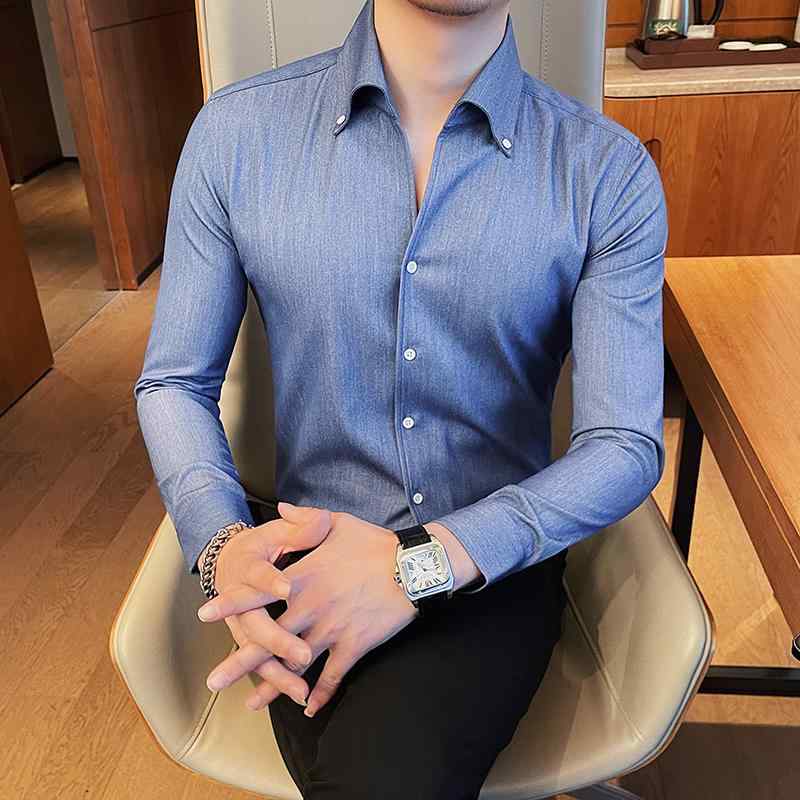 シャツ ストライプ 無地 トップス 長袖 シングルブレスト ボタンカラー カジュアル 冷感 薄手 フレンチ 夏 メンズ 男性 紳士 スリムフィット 軽量 柔らか 通勤 オフィス ビジネス 日常使い
