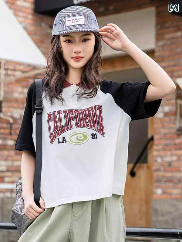 レディース ファッション ガール 中学生 夏 半袖 Tシャツ 高校生 ポロカラー ティーンエイジャー ビッグ ボーイ