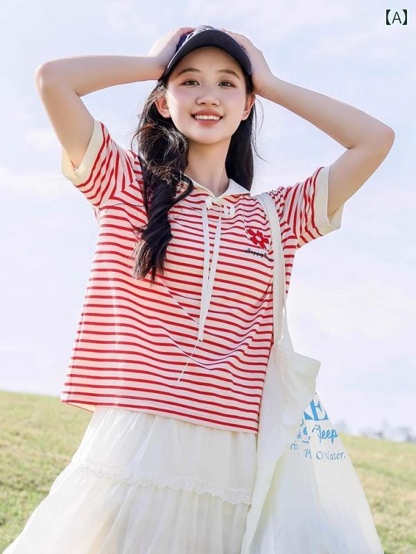 ガールズ ファッション レディース トップス 中学生 サマー スーツ 夏 高校生 半袖 Tシャツ ストライプ ガール カレッジ|ラ・グラーヌ