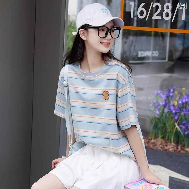 ガールズ ファッション レディース ワンピース 中学生 ストライプ 半袖 Tシャツ 夏 カレッジ スタイル 高校生 中学生 女の子 トップス｜ラ・グラーヌ