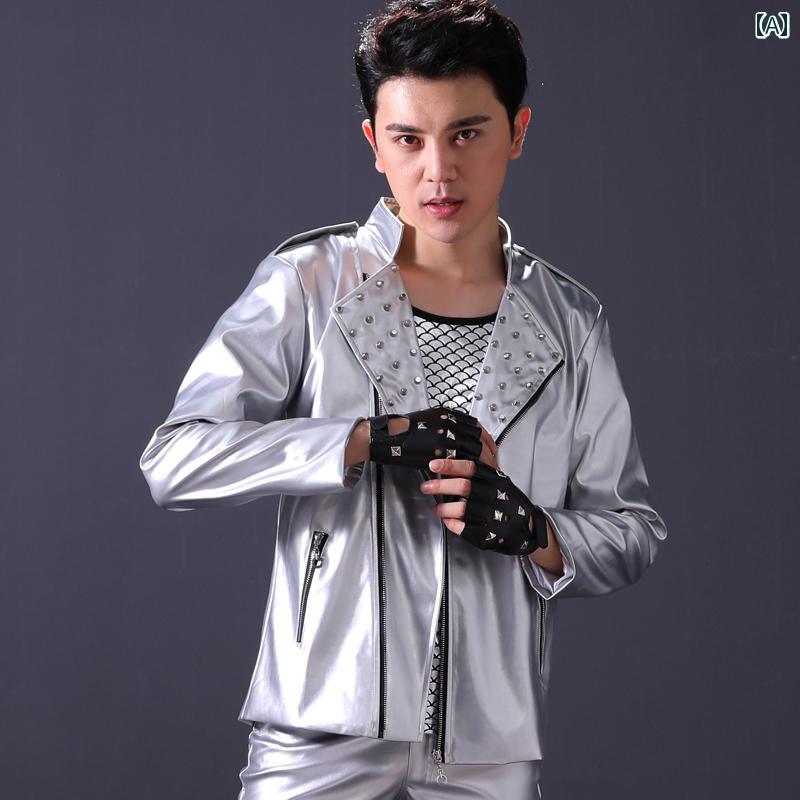 メンズ 韓国 トップス ジャケット レザー スーツ襟 シルバー 秋 ダンス スリムフィット イミテーション PU ストリートヘム ポケット付き パフォーマンス 衣装 ステージ
