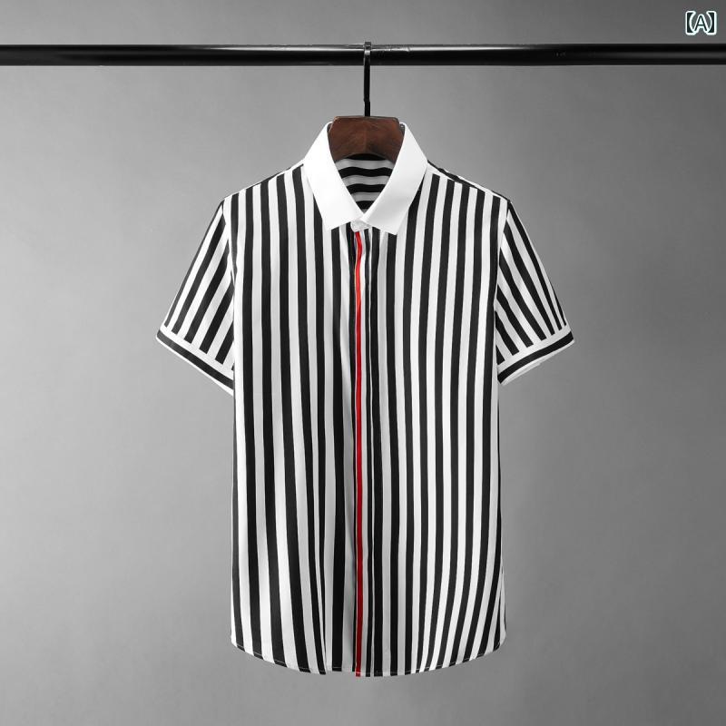 シャツ トップス 夏 前立て リボン スリム メンズ ストライプ シャツ モダン カジュアル 男性用 服 半袖 コットンブルー 紳士服