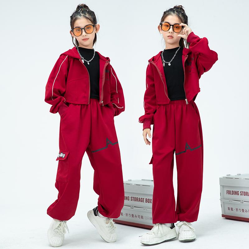 ダンス衣装 セットアップ フード付き ジャージ 赤 ヒップホップ ジャズダンス ワイドフィット 秋 キッズ ガールズ ボーイズ ストリート 練習着 スポーティー
