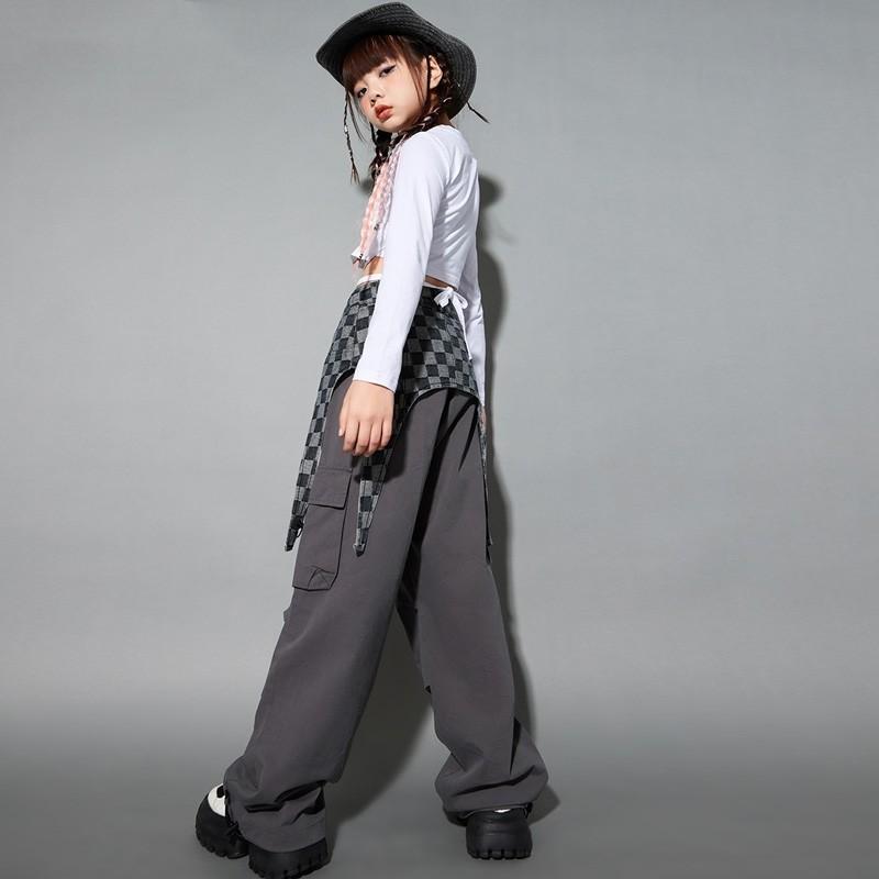 ダンス衣装 セットアップ へそ出し チェック柄 グレーパンツ 白シャツ ヒップホップ ジャズダンス ワイドフィット 秋 キッズ ガールズ 女の子 ストリート 練習着