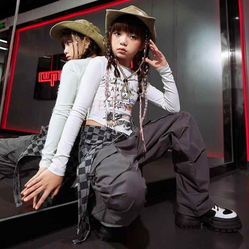 ダンス衣装 セットアップ チェック柄 グレーパンツ 白シャツ ヒップホップ ジャズダンス ワイドフィット 秋 キッズ ガールズ 女の子 ストリート 練習着 ガーリー 4,474円