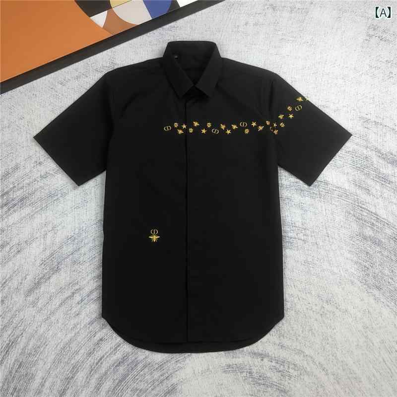 シャツ トップス ゴールド 蜂 刺繍 かっこいい メンズ シャツ カジュアル 男性用 コットン ユニーク 半袖 黒 紳士服