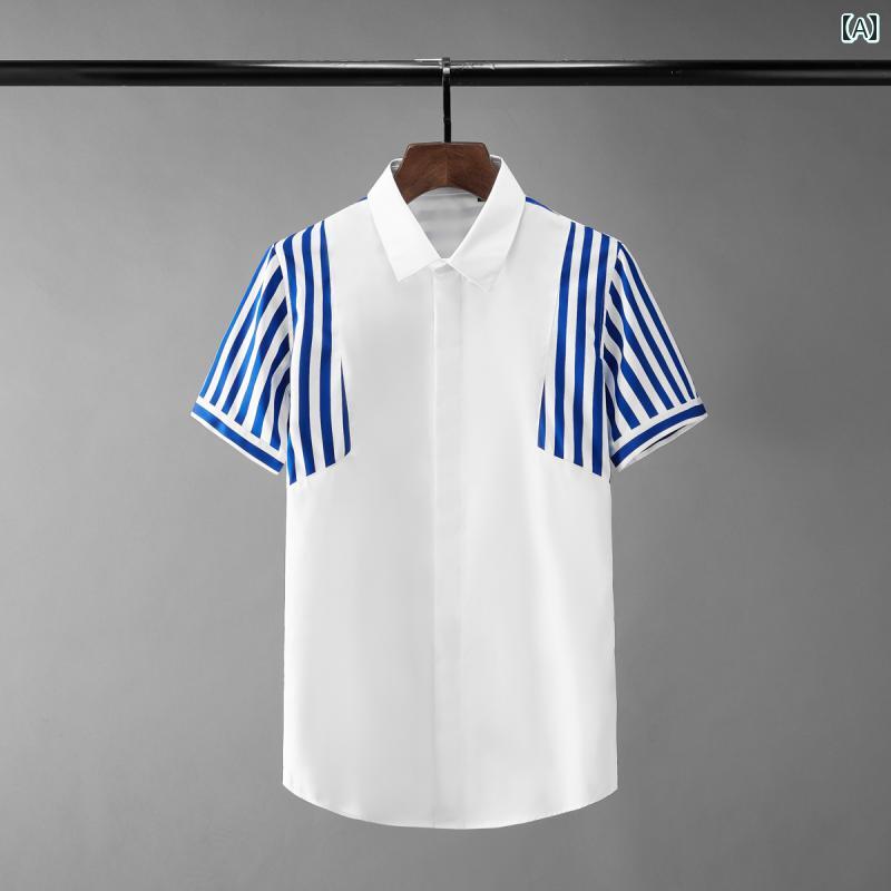 シャツ トップス 夏 スリーブ ステッチ ストライプ スリム メンズ シャツ カジュアル モダン 男性用 服 半袖 コットン ブラック 紳士服|ラ・グラーヌ