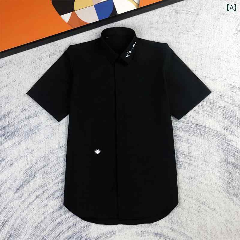 シャツ トップス シンプル 襟 蜂 刺繍 メンズ シャツ ファッション カジュアル スリム おしゃれ 男性用 半袖 白｜ラ・グラーヌ