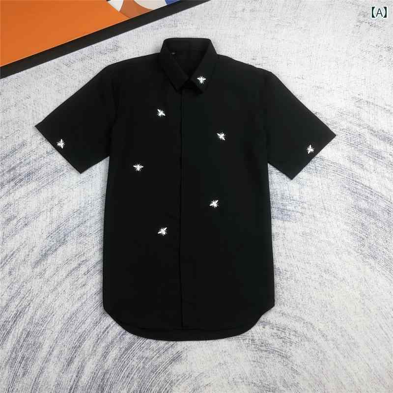 シャツ トップス 黒と白 蜂 刺繍 メンズ シャツ カジュアル ファッション 男性用 フリーアイロン 半袖 白 紳士服｜ラ・グラーヌ