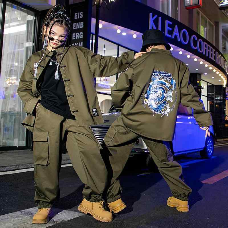 ダンスウェア 衣装 セットアップ チャイナ服 スーツ ドラゴン ヒップホップ ジャズダンス ワイドフィット 秋冬 キッズ ガールズ ボーイズ ストリート 練習着