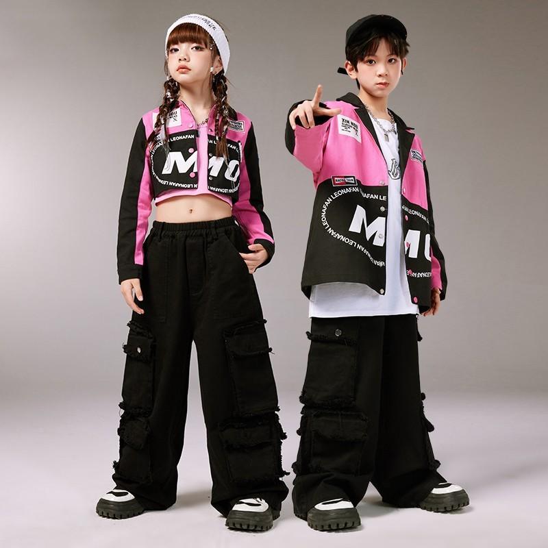 ダンスウェア 衣装 セットアップ ジャケット へそ出し ピンク ヒップホップ ジャズダンス ワイドフィット 秋冬 キッズ ガールズ ボーイズ ストリート 練習着