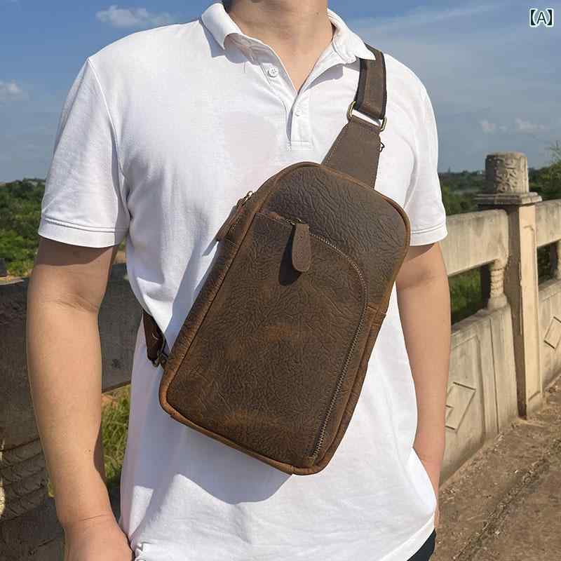チェストバッグ ショルダーバッグ メンズ なめし革 流行り物箇条 ファスナー 衣嚢 レトロ アメリカン 心地好い アウトドア 革 御徒面子 図案化 ヴィンテージ感 ボディバッグ・ウエストポーチ-男女兼用バッグ