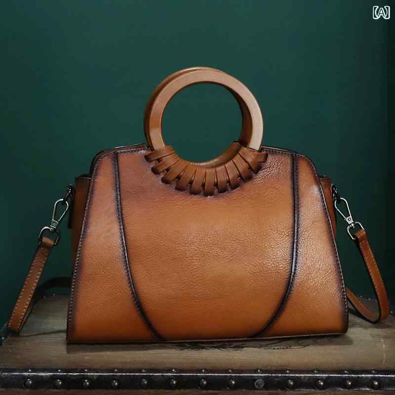 ハンドバッグ レトロ レディース レザー バッグ 革 女性 メンズ ユニセックス デザイン ウッド ハンドル ボディバッグ 取り外し可能 ストラップ ショルダーバッグ 植物タンニンなめし 第一層 牛革|ラ・グラーヌ