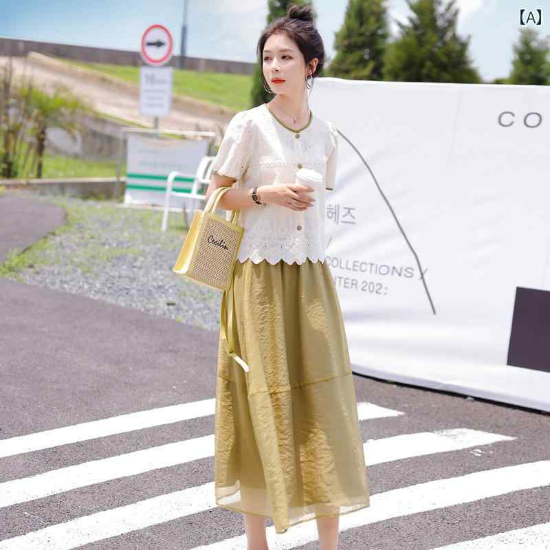 レディース ファッション カジュアル セットアップ 刺繍 ツーピース セット 夏 レース シャツ クラシック メッシュ 女性らしさ スカート スリム スーツ