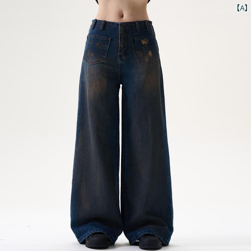 デニムパンツ バギー レトロ リバースウェア ストレート ジーンズ メンズ レディース ダーティ フィット ストリート ユニーク スプレー パンツ