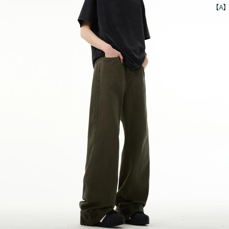 デニムパンツ ハイエンド ダークグリーン レトロ カジュアル パンツ メンズ クリーンフィット シック ストレートレッグ ダメージ ジーンズ