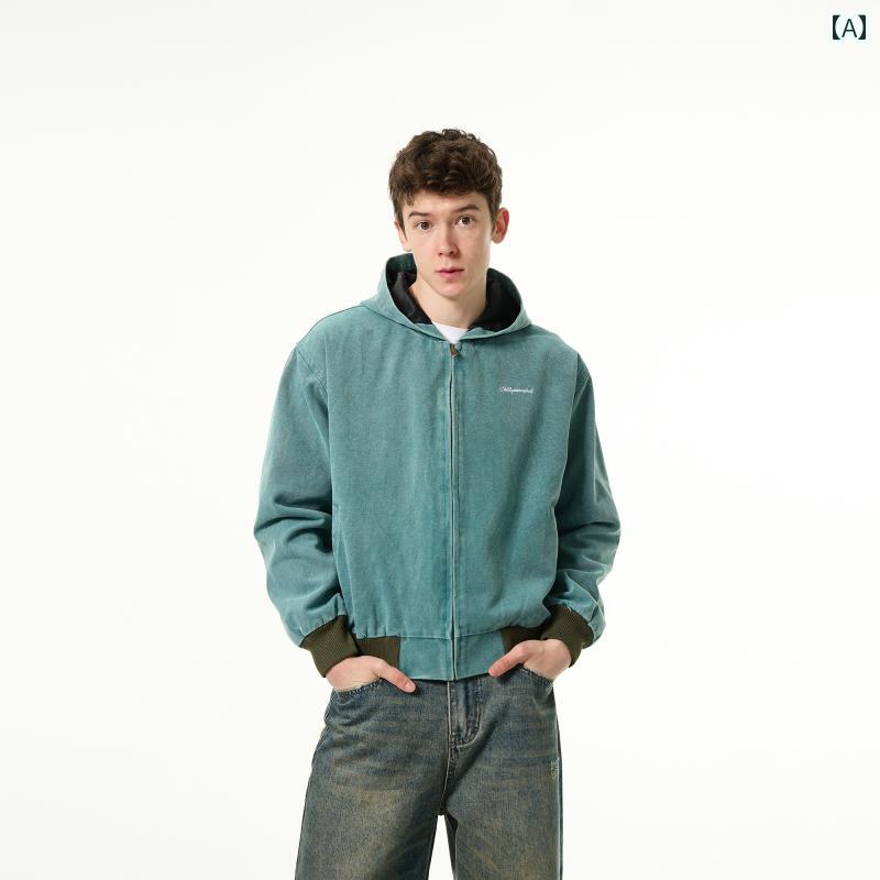 パーカー 男性服 上着 ウォッシュド加工 カーディガン フード付き スウェットシャツ メンズ アメリカン レトロ ショート ジップアップ ジッパー アウター ジャケット カジュアル シンプル 男女可