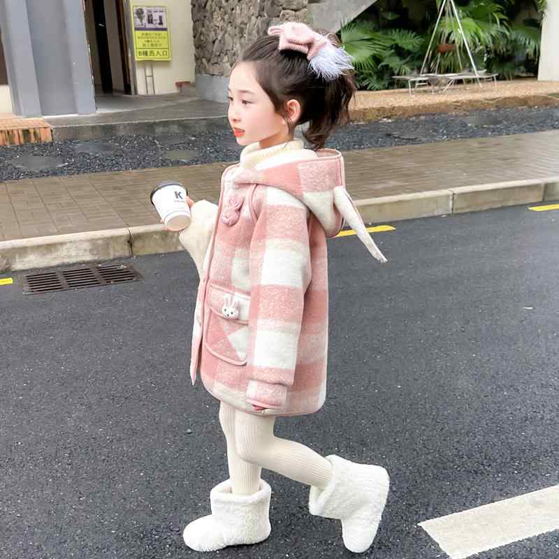 子供服 女の子 ガールズ ウールコート チェック柄 ミドル丈 厚手コート フード付き 耳付き 暖かい 秋冬 通学 お出かけ アウトドア キッズ