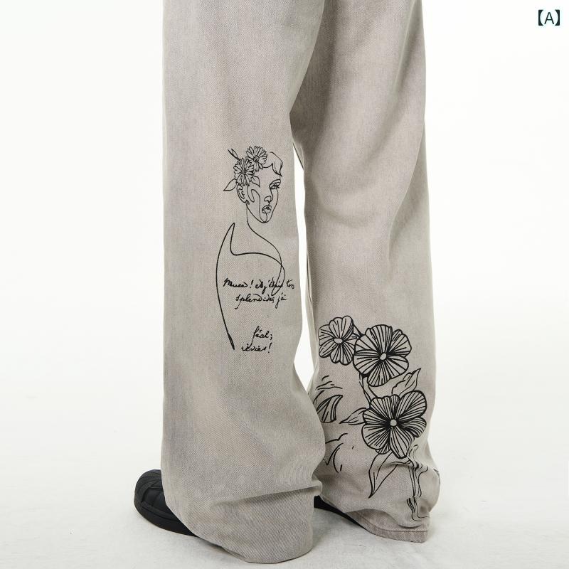デニムパンツ レトロ 手描き グラフィティ ブーツカット ジーンズ メンズ 個性派 アメリカン スタイル ストリート ダメージ パンツ