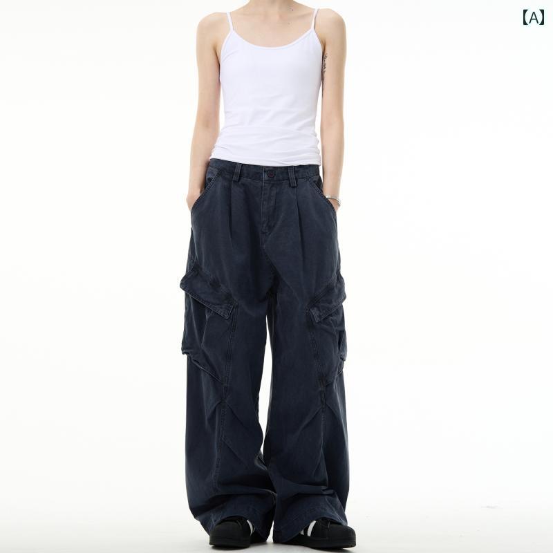 ワイドパンツ カーゴ アメリカン レトロ ストリート 大きい サイドポケット ワイドレッグ ミリタリー メンズ デコンストラクト パンツ