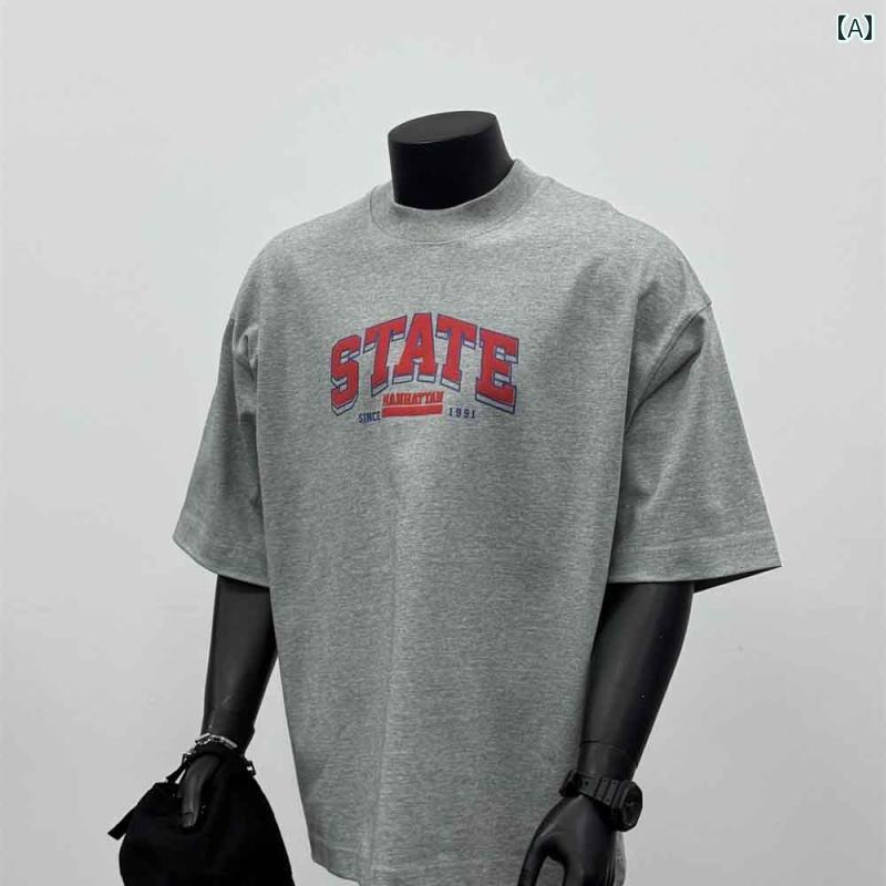 メンズ Tシャツ 半袖 アメリカン 夏 コットン グレー フロント：赤英文字プリント ストリート カジュアル トップス シンプル モダン ベーシック ユニアックス ラウンドネック レジャー 綿