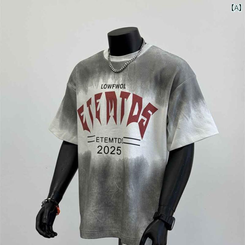 メンズ Tシャツ 半袖 ストリート アメリカン 夏 コットン 白 ウォッシュドデザイン ホワイトとグレー グラデーションブロック フロントプリント 英数文字ワインレッド トップス ラウンドネック