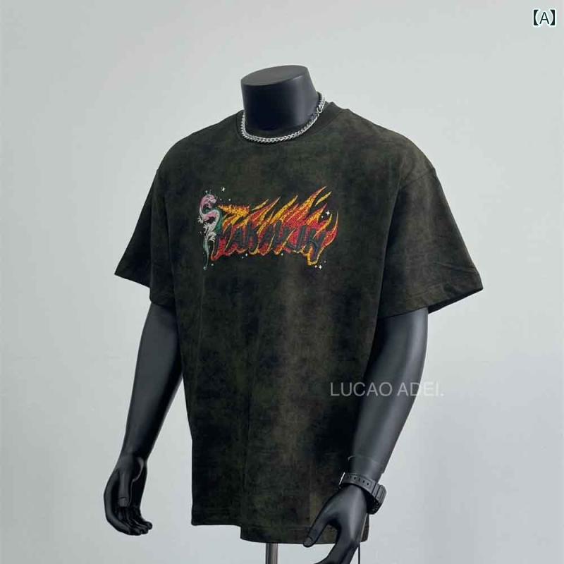 メンズ Tシャツ 半袖 アメリカン 秋 コットン ウォッシュドカラー 深緑 ダークグリーン フロントプリント火をふく龍と英文字デザイン・カラフル カジュアル トップス ストリート ラウンドネック