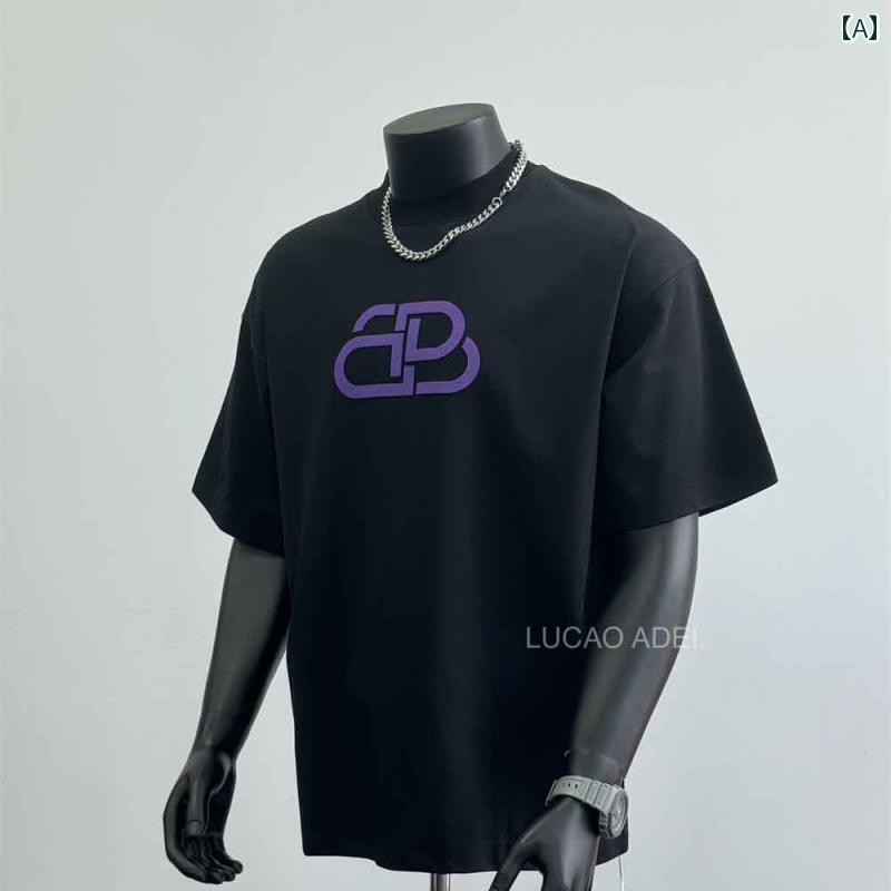 メンズ Tシャツ 半袖 アメリカン 夏 コットン ブラックグレー フロントプリント／紫のレターデザイン トップス ストリート ラウンドネック シック スタイリッシュ ベーシック アーバン シンプル 7,163円