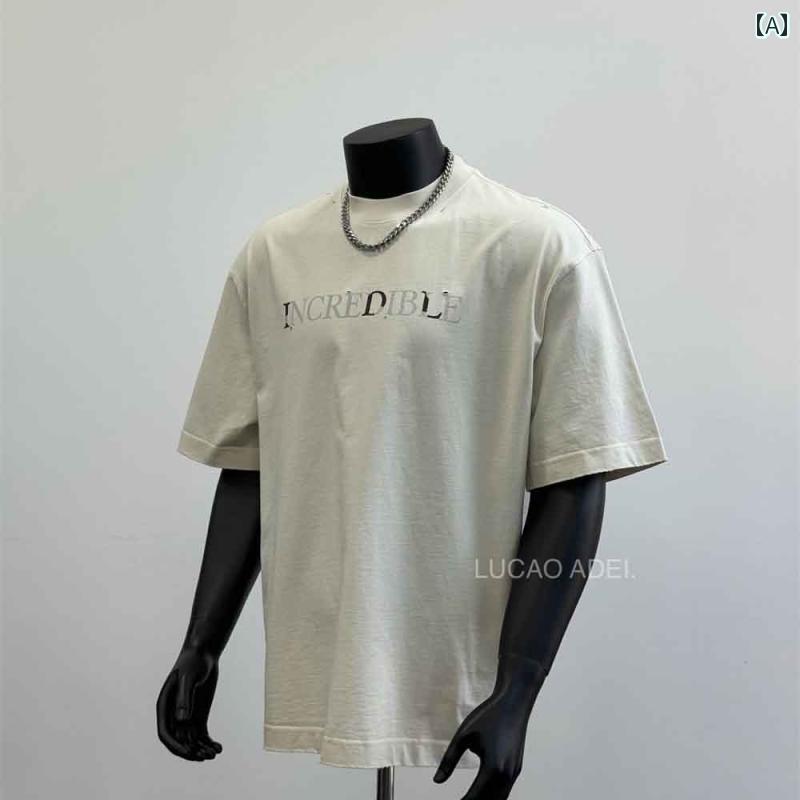 メンズ Tシャツ 半袖 アメリカン 夏 コットン ホワイト 穴あき加工 古着風 前後にライトグレーと黒の英字プリント アメリカン カジュアル トップス ストリート ラウンドネック モダン ヴィンテージ 綿 7,769円