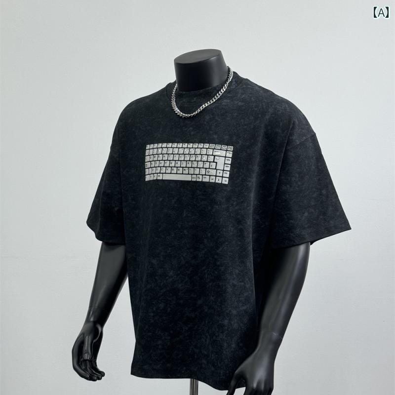 メンズ Tシャツ 半袖 アメリカン 夏 コットン ウォッシュドカラー ブラック フロントキーボードプリント白 グラフィック 綿素材 ユニーク モダン ストリート おしゃれ カジュアル ラウンドネック
