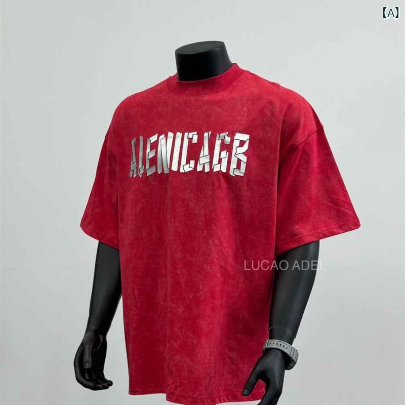 メンズ Tシャツ 半袖 アメリカン 夏 コットン レッド ポップカラー ウオッシュド加工 フロント：ユニークデザインレタープリント バック：ワンポイント ストリート スタイリッシュ カジュアル