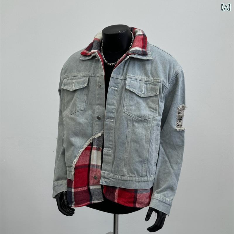 メンズ ジャケット 長袖 春秋 アメリカン フェイクツーピース 赤チック柄シャツとジャケットの重ね着風 ジーンズジャケット ダメージ加工 レトロ 穴あき 補ずれ加工 ヴィンテージ ストリート アーバン
