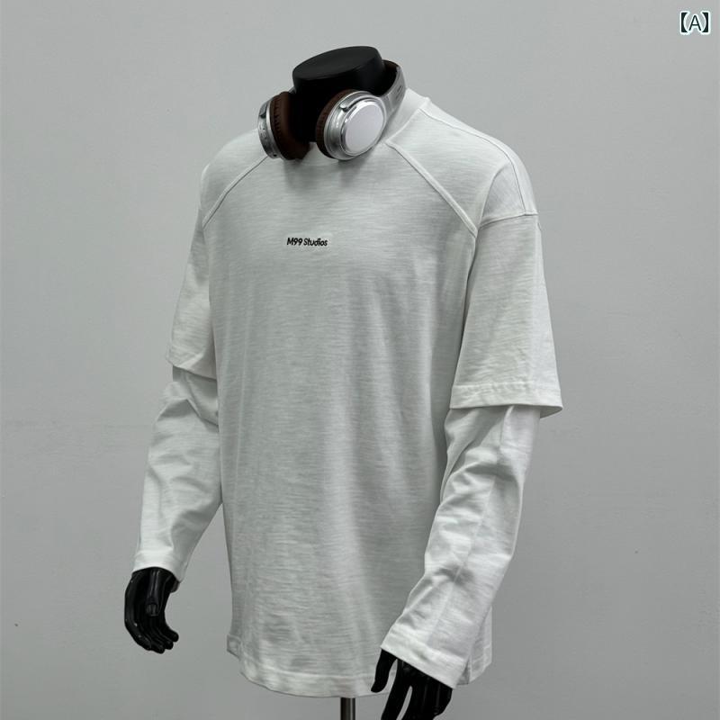 メンズ Tシャツ 長袖 アメリカン 春秋 コットン 白 ホワイト フェイクツーピース 半袖と長袖の重ね着風 パッチワーク処理装飾 ストリート ワンポイント英文字プリント バックタグ カジュアル トップス