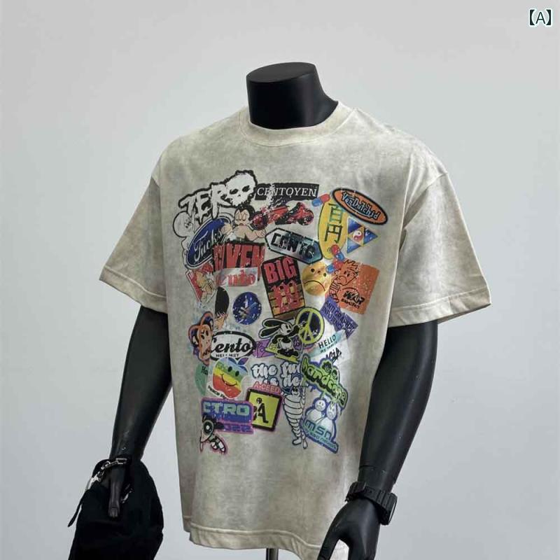 メンズ Tシャツ 半袖 アメリカン 夏 コットン トップス 前 イラスト多彩プリント 落書き風 ユニーク ウォッシュド加工 レトロ ストリート 個性的 たのしい モード ラウンドネック カジュアル