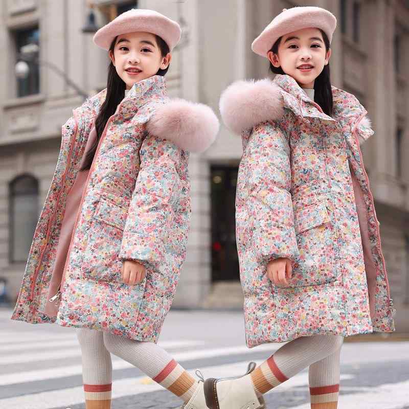 子供服 女の子 ガールズ ダウンジャケット 花柄ダウン 膝丈 フード付き 厚手 暖かい 冬 防寒 通学 お出かけ アウトドア キッズ ｜ラ・グラーヌ