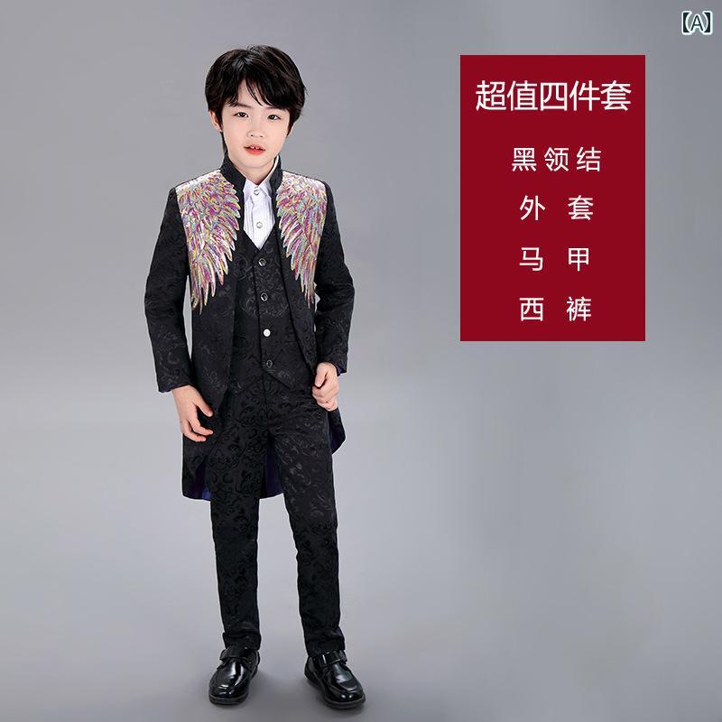演戯 背広 公演御召しもの キッズ 御坊っちゃん 上衣 背広 ズボン下 セットアップ ブリティシュ 長袖 ロング 衣嚢 シングル乳ぶさ 寄り合い 華燭の典 御祝い