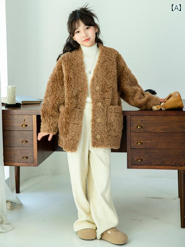 ボアコート キッズ 子供用 毛皮 女の子 秋冬 シンプル エレガント ユニセックス 韓国 ファッション オーバーサイズ ポケット 男女兼用 モヘア Vネック おしゃれ もこもこ